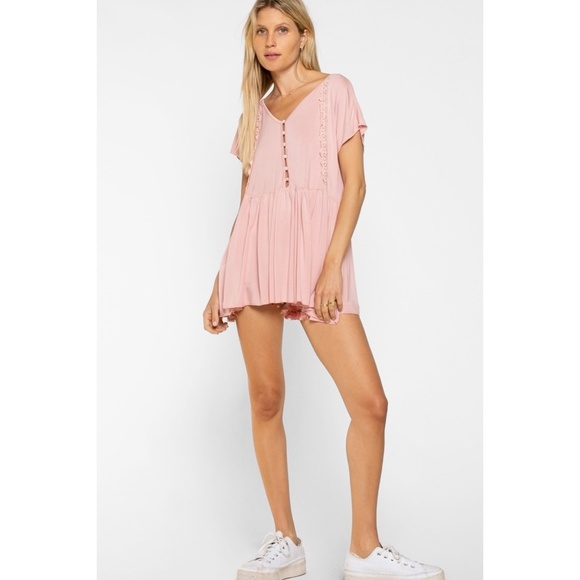 POL Pink Rayon V Neck Half Button Short Sleeve Babydoll Tunic Top - Picture 5 of 7